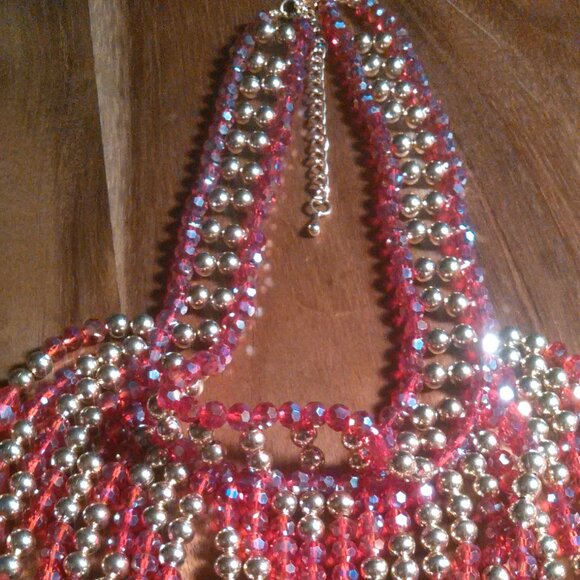 Red Glass and Beaded Waterfall Goldtone Necklace - Picture 7 of 16